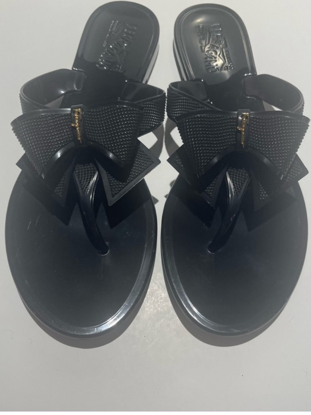 Salvatore Ferragamo Black Bow Jelly Thong Sandals with Gold Logo Accent - Picture 2 of 13
